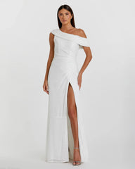 White Sequined Drop Shoulder Gown