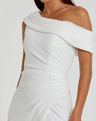 White Sequined Drop Shoulder Gown